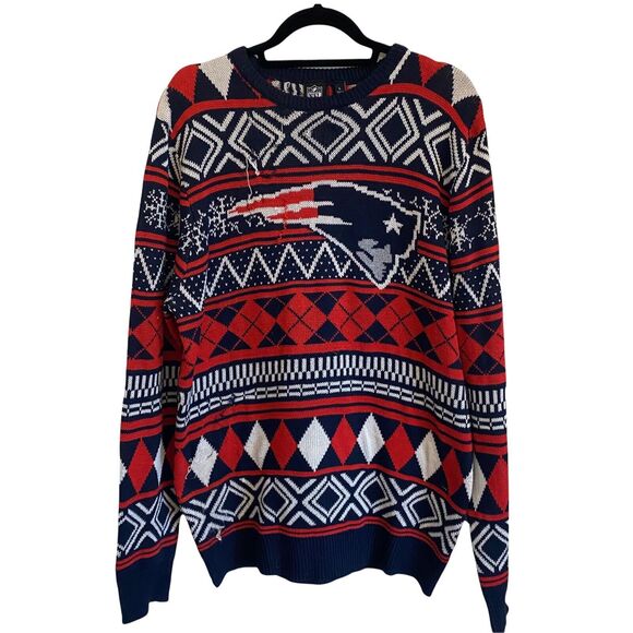 NFL Team Apparel Mens Size Large Sweater Holiday Patriots New England Red Blue - Picture 1 of 9